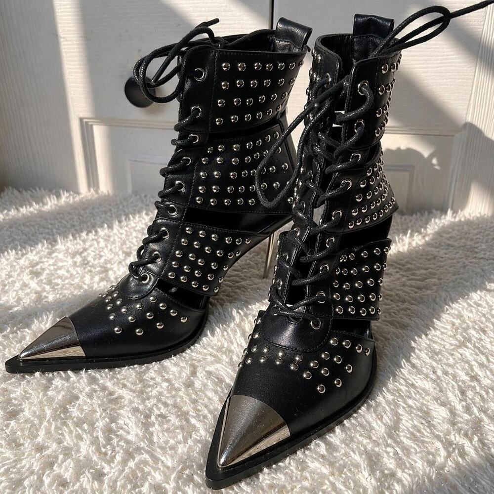 Vankaring Y2K Studded Pointed Toe Punk Ankle Boots